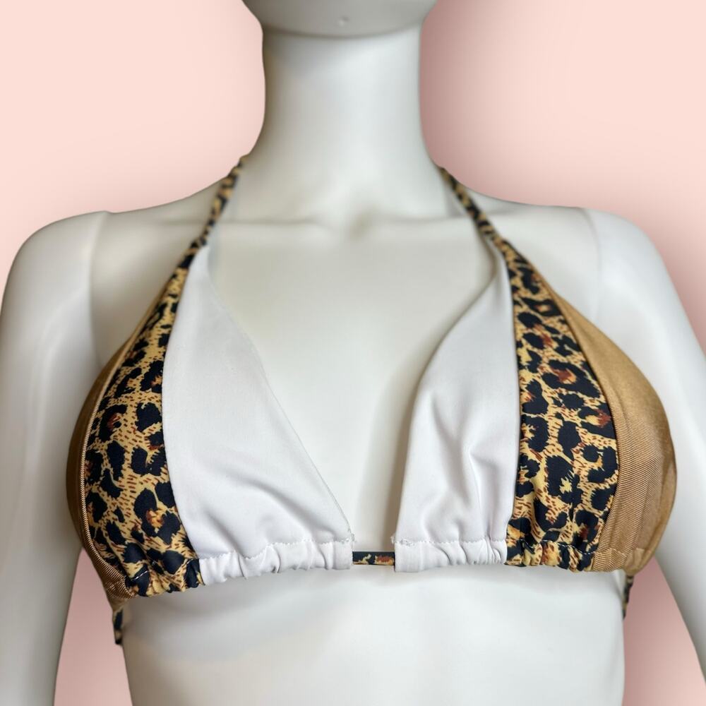 Cheetah Print, White & Gold Small Triangle Bikini Top - Picture 5 of 9